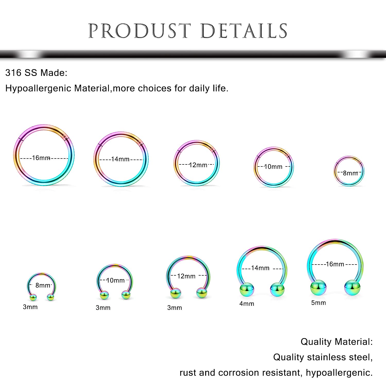 Hoeudjo 16G Stainless Steel Hinged Clicker Segment Septum Rings Horseshoe Earring Nose Lip Ring Hoop Cartilage Tragus Daith Helix Sleeper Earrings Body Piercing Jewelry Rainbow 8mm 10mm 12mm