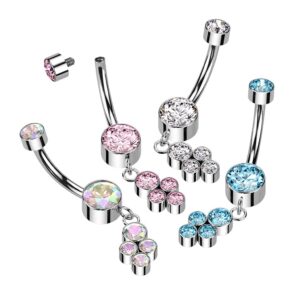 Pierced Owl 14GA F136 Implant Grade Titanium Internally Threaded Double CZ Crystal with Dangling Crystal Cluster Belly Button Ring (Aurora Borealis)