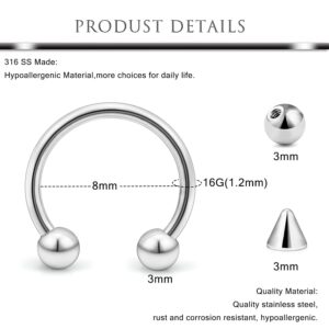 Hoeudjo 32Pcs Horseshoe Rings Surgical Steel Nose Septum Rings Horseshoe Hoop Lip Rings Smily Piercing Jewelry Eyebrow Tragus Daith Earring Helix Piercing Jewelry for Women Men 8mm 5/16inch