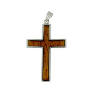 Zero Gravity Hawaii 925 Solid Sterling Silver Hawaiian Koa Wood Inlay Religious Cross Pendant