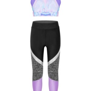 TiaoBug Kids Girls 2 Pieces Sport Sets Printed Crop Vest Tops and Leggings Tracksuit for Yoga Dance Lavender 6 Years