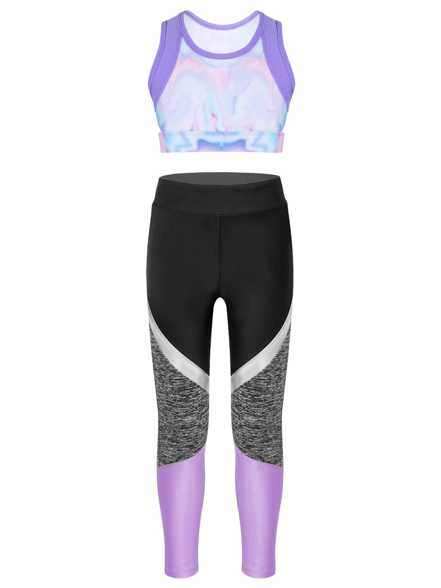 TiaoBug Kids Girls 2 Pieces Sport Sets Printed Crop Vest Tops and Leggings Tracksuit for Yoga Dance Lavender 6 Years