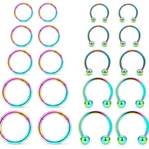 Hoeudjo 16G Stainless Steel Hinged Clicker Segment Septum Rings Horseshoe Earring Nose Lip Ring Hoop Cartilage Tragus Daith Helix Sleeper Earrings Body Piercing Jewelry Rainbow 8mm 10mm 12mm