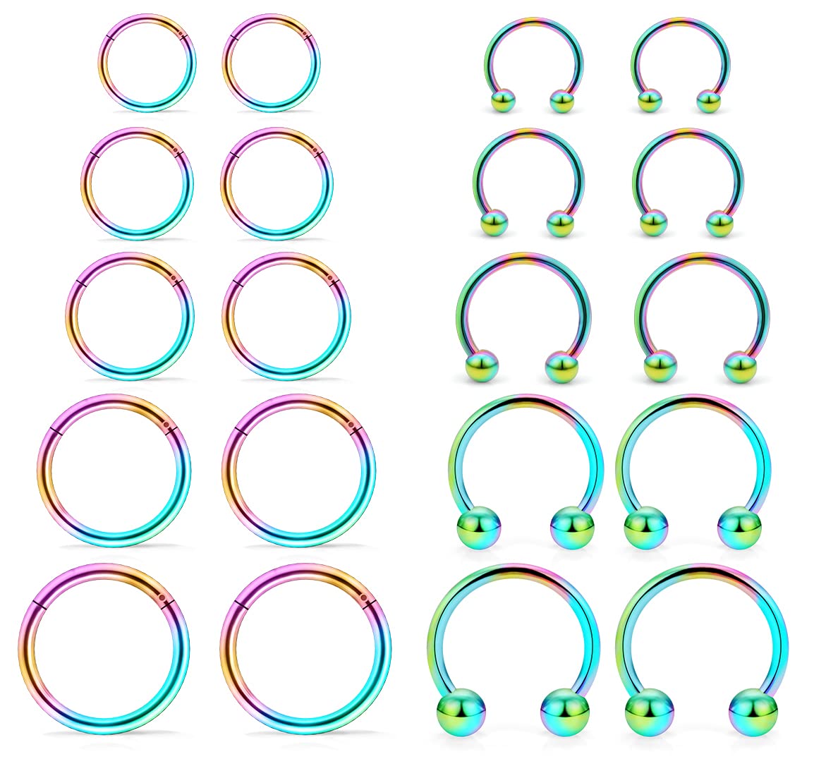 Hoeudjo 16G Stainless Steel Hinged Clicker Segment Septum Rings Horseshoe Earring Nose Lip Ring Hoop Cartilage Tragus Daith Helix Sleeper Earrings Body Piercing Jewelry Rainbow 8mm 10mm 12mm