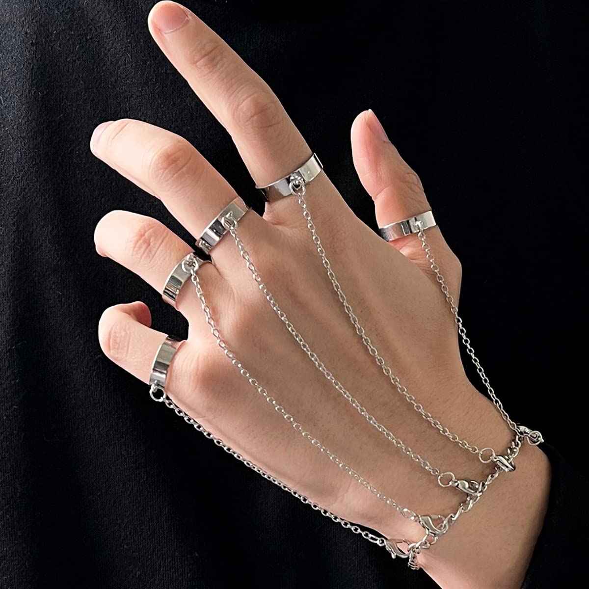 DouuYuhet Chain Finger Rings Bracelet for Women Men Adjustable Stainless Steel Gold Silver Gothic Punk Cool Statement Stackable Rings (Silver)