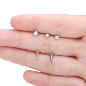 VOJO Tragus Labret Threadless Push in Cartilage Nose Studs G23 Titanium 20G Medusa Piercing Jewelry, Flat Backed Earrings for Helix (20G 6/6/8mm, White Opal)