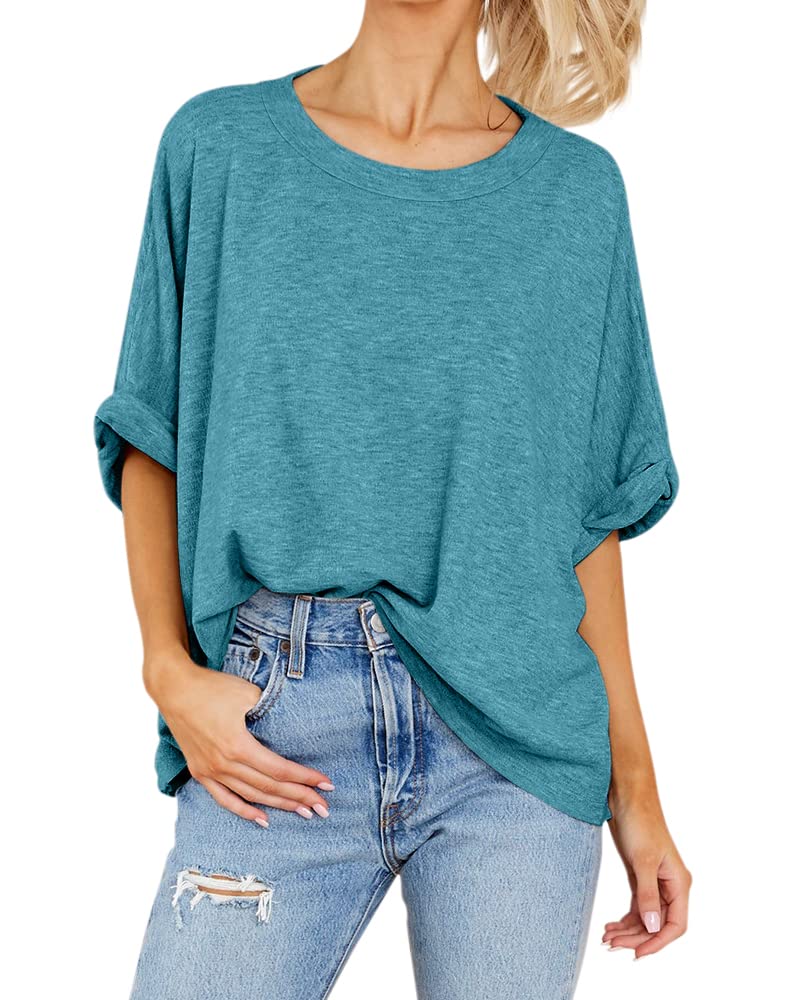 Women Oversized T-Shirt Summer Casual Short Sleeve Loose Tee Tops Lake Blue