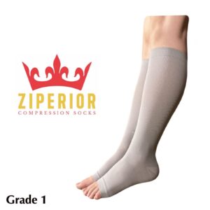 Ziperior Open Toe 15-20 mmHg Compression White Navy Gray Inside Leg Zipper Socks (Gray, Small-Medium)