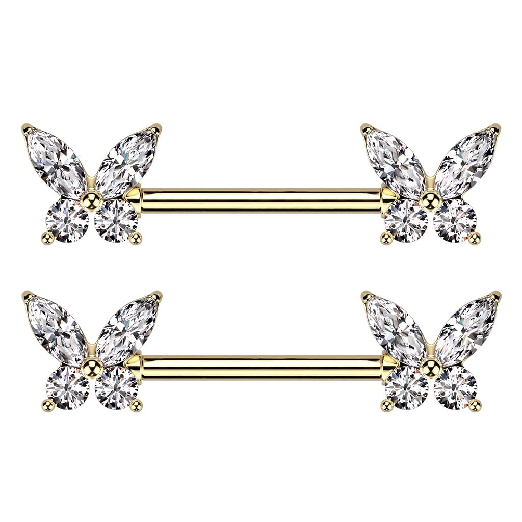 14GA 316L Stainless Steel CZ Crystal Butterfly Ends Nipple Barbells, Sold as a Pair (Gold Tone)