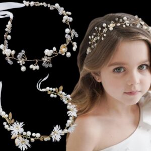 2 Pieces Bridal Hair Vines Flower Wedding Headband Princess Hair Accessories Crystal Pearls Headpiece Elegant Head bands for Bridesmaid and Flower Girls (Gold)…