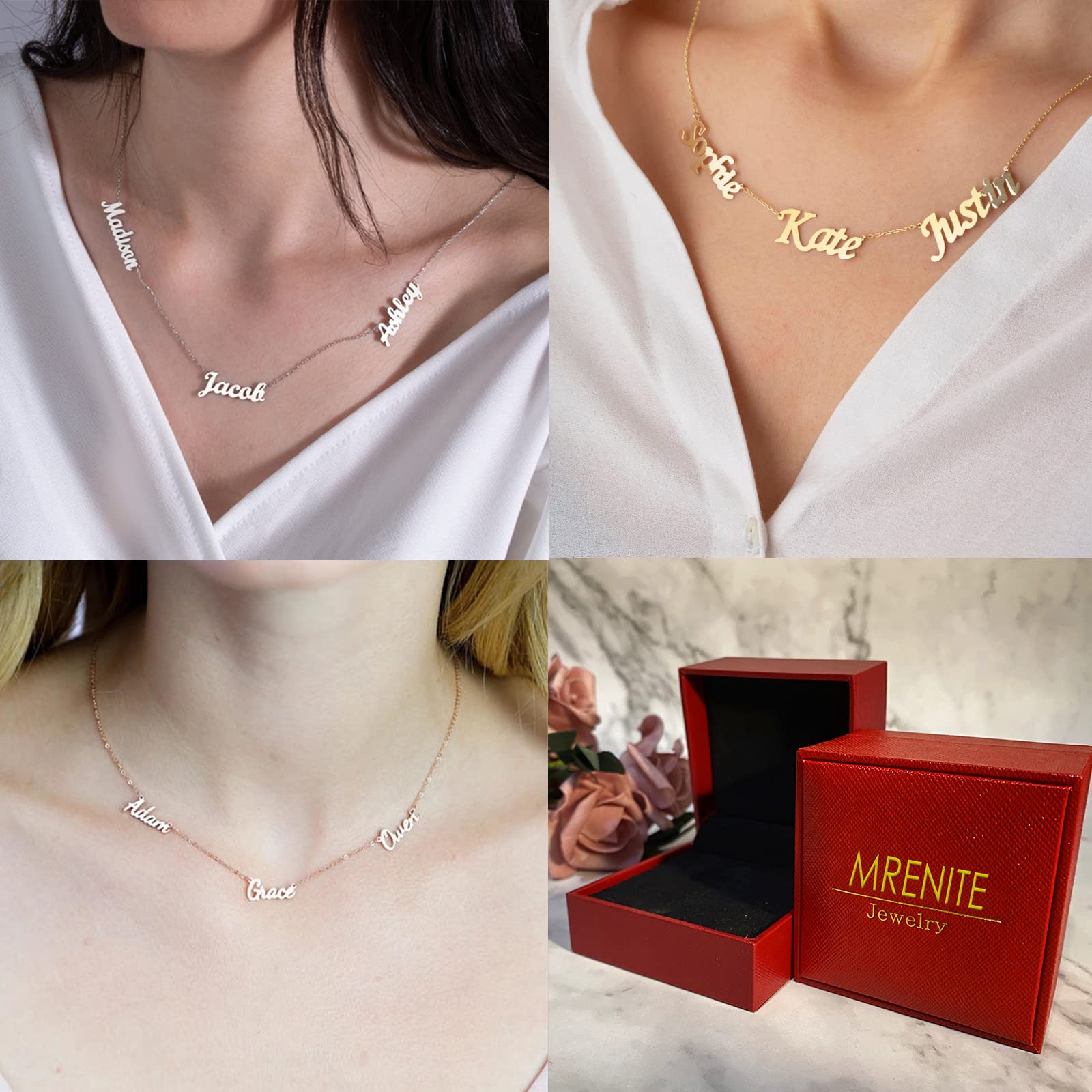 MRENITE 10k 14k 18k Solid Gold/Rose Gold/White Gold Names Necklace – Dainty Personalized Nameplate Jewelry - Custom 3 Names Gift for Family Members (Small Names)