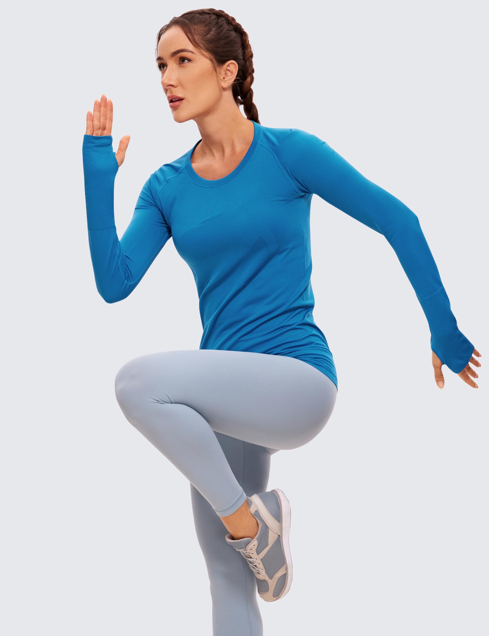 CRZ YOGA Women's Seamless Athletic Long Sleeves Sports Running Shirt Breathable Gym Workout Top Super-Sonic Blue X-Small