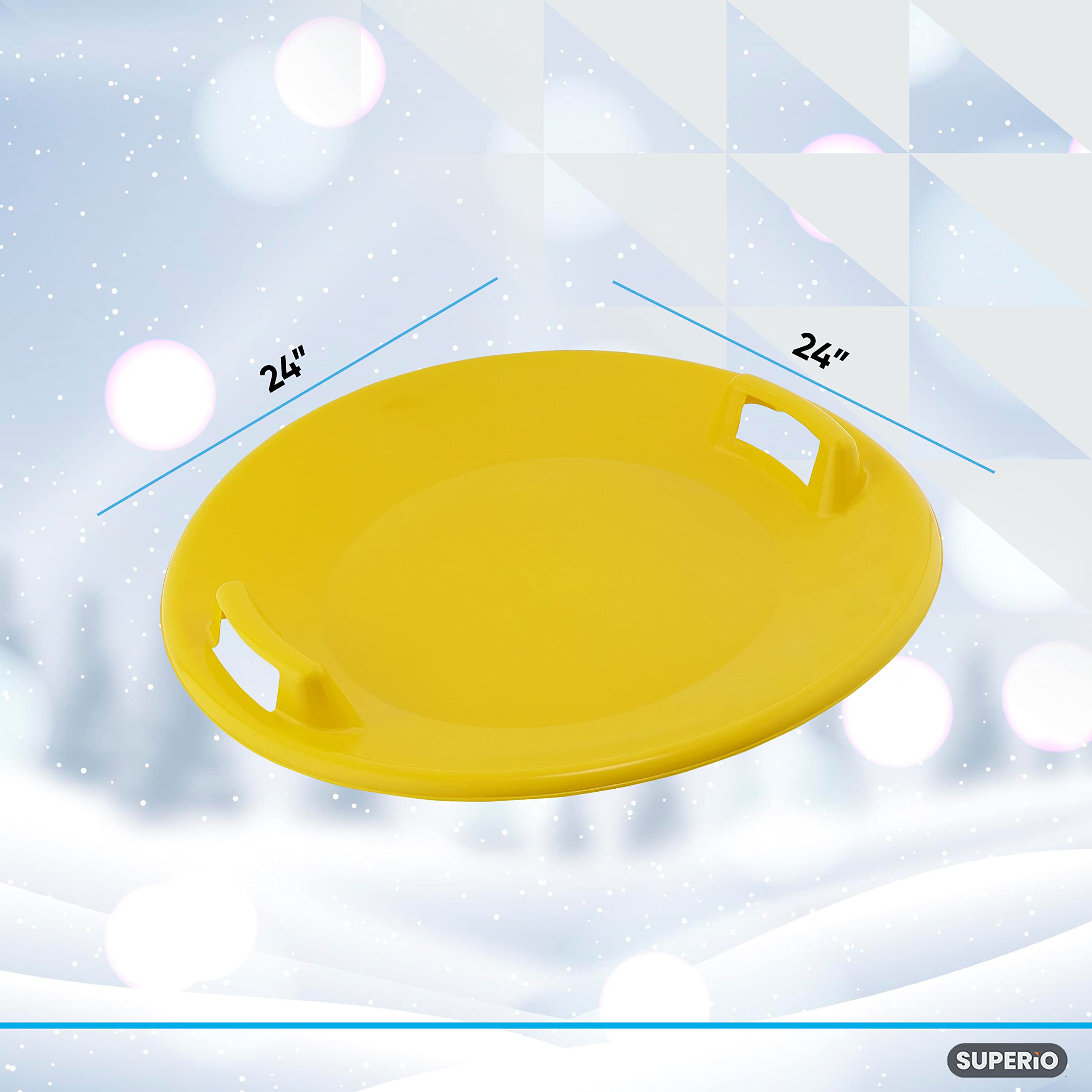 Superio Round Snow Saucer Sleds- 24” Plastic Disc Sleds for Kids and Adults- Heavy Duty Sled Discs with Handles for Downhill Sledding, Winter Outdoor Sports, (Yellow)