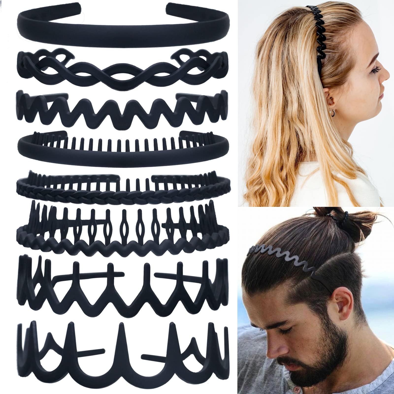 LAPOHI 8 PCS Fashion Effortless Plastic Headbands with Teeth Comb Black Skinny Headbands No Slip Hair Bands for Women Men Teen Girls (Black 8)