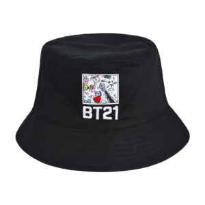 BT21 LINE Friends Bucket Hat, Graffiti Style Reversible Packable Travel Hat, Wide Brim Summer Hat, Multi, One Size