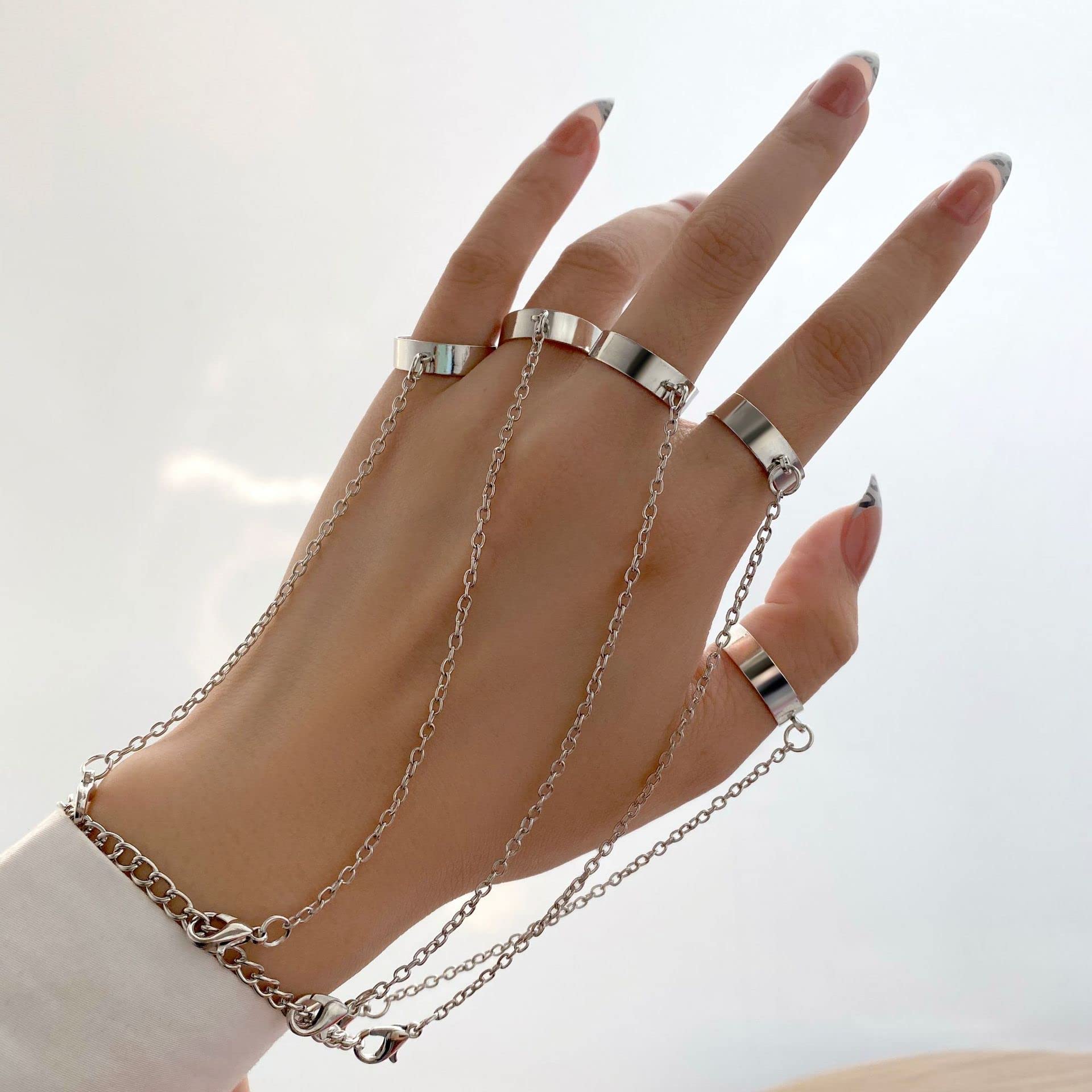 DouuYuhet Chain Finger Rings Bracelet for Women Men Adjustable Stainless Steel Gold Silver Gothic Punk Cool Statement Stackable Rings (Silver)