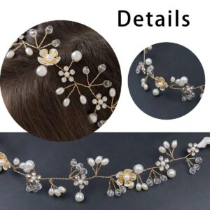 2 Pieces Bridal Hair Vines Flower Wedding Headband Princess Hair Accessories Crystal Pearls Headpiece Elegant Head bands for Bridesmaid and Flower Girls (Gold)…