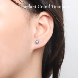 VOJO Flat Back Stud Earrings 20G G23 Titanium CZ Hypoallergenic Threadless Cartilage Piercing Jewelry for Women (20G 6mm, Blue CZ)