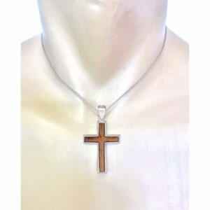 Zero Gravity Hawaii 925 Solid Sterling Silver Hawaiian Koa Wood Inlay Religious Cross Pendant