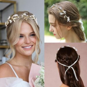 2 Pieces Bridal Hair Vines Flower Wedding Headband Princess Hair Accessories Crystal Pearls Headpiece Elegant Head bands for Bridesmaid and Flower Girls (Gold)…