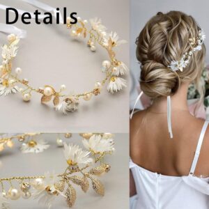 2 Pieces Bridal Hair Vines Flower Wedding Headband Princess Hair Accessories Crystal Pearls Headpiece Elegant Head bands for Bridesmaid and Flower Girls (Gold)…