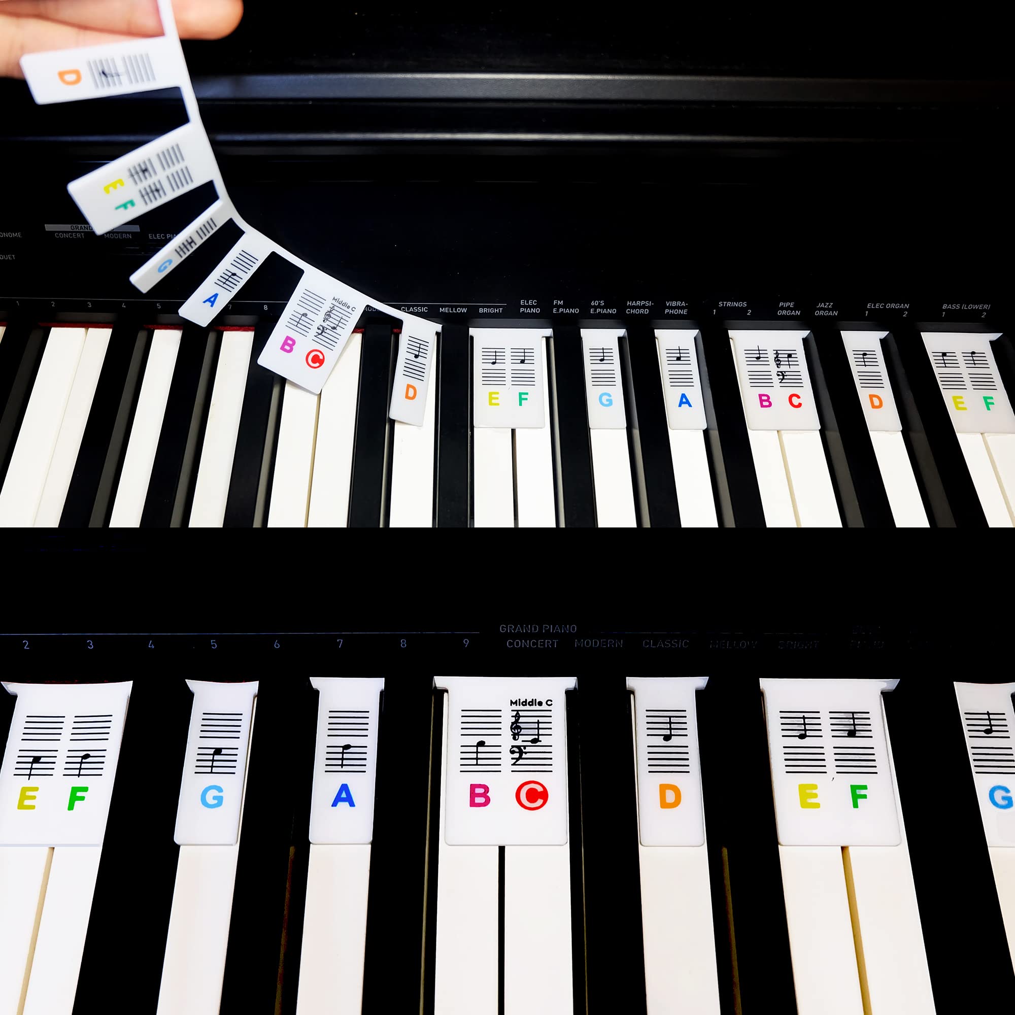 Misopily Removable Piano Keyboard Note Labels, 88-Key Full Size Removable Keyboard Labels for Beginner, Silicone Colored Letters, Reusable No Glue Piano Stickers