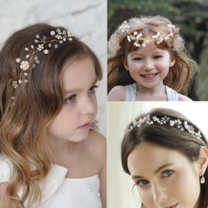 2 Pieces Bridal Hair Vines Flower Wedding Headband Princess Hair Accessories Crystal Pearls Headpiece Elegant Head bands for Bridesmaid and Flower Girls (Gold)…