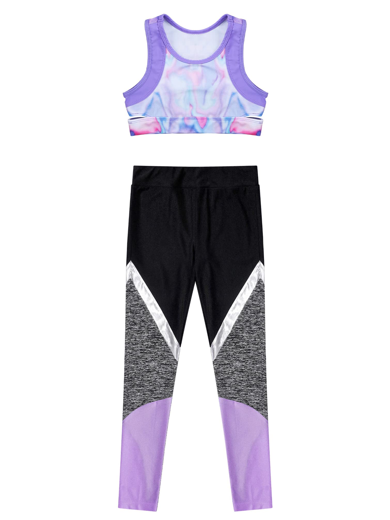 TiaoBug Kids Girls 2 Pieces Sport Sets Printed Crop Vest Tops and Leggings Tracksuit for Yoga Dance Lavender 6 Years