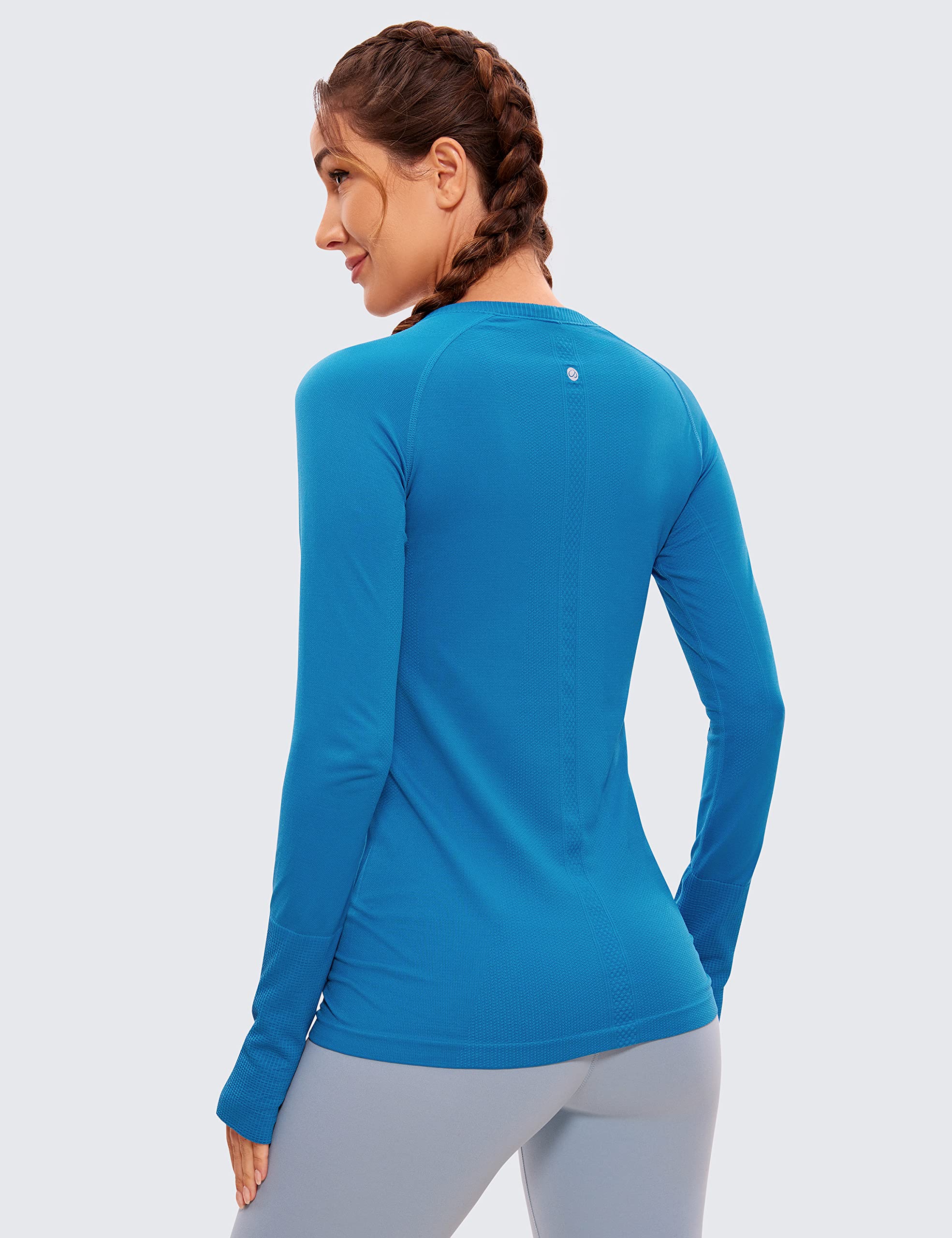 CRZ YOGA Women's Seamless Athletic Long Sleeves Sports Running Shirt Breathable Gym Workout Top Super-Sonic Blue X-Small