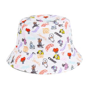 BT21 LINE Friends Bucket Hat, Graffiti Style Reversible Packable Travel Hat, Wide Brim Summer Hat, Multi, One Size