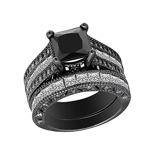 Small Ring Set 2 in 1 Womens Vintage Black Ring Diamond Engagement Wedding Band Ring Set Hi and Low Ring (Black, 11)