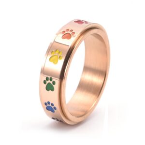 aniejufi stainless steel spinner anxiety ring puppy dog paw cat footprints rainbow fidget rings for men women rose gold size 5