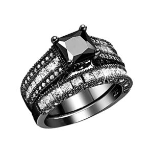 small ring set 2 in 1 womens vintage black ring diamond engagement wedding band ring set hi and low ring (black, 11)