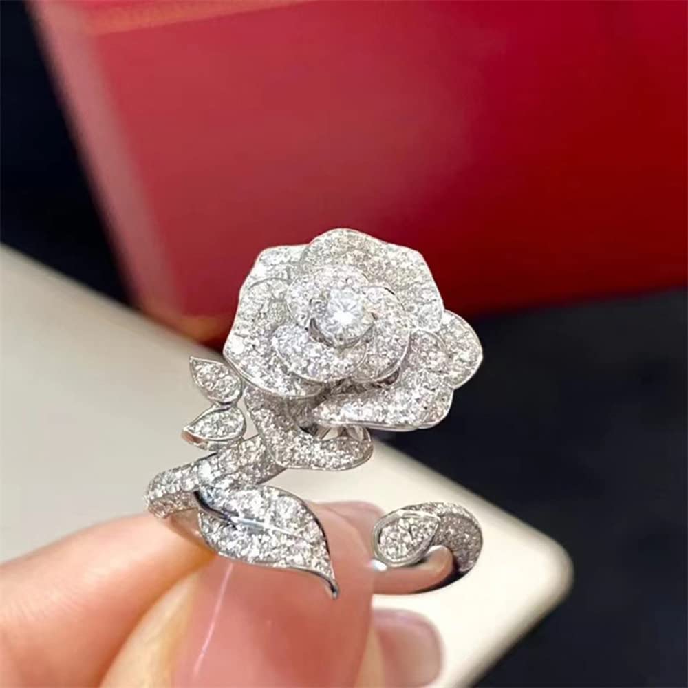 Elegant Rose Flower Engagement Ring for Women Sparkling Rhinestone CZ Crystal Open Statement Rings Promise Wedding Ring Expandable Wrap Finger Band