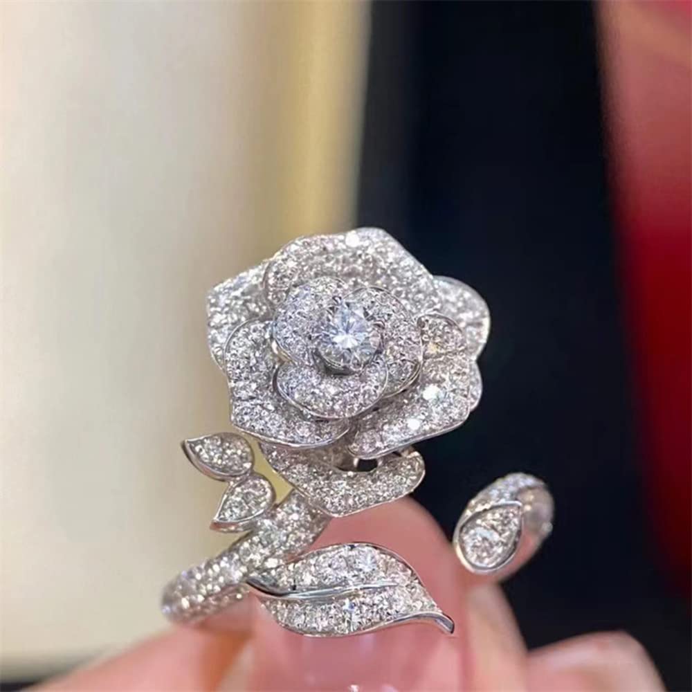 Elegant Rose Flower Engagement Ring for Women Sparkling Rhinestone CZ Crystal Open Statement Rings Promise Wedding Ring Expandable Wrap Finger Band