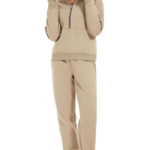 PEHMEA Women's 2 Piece Outfit Fleece Half Zip Sweatshirt and Joggers Pants Set Y2K Tracksuit Sweatsuit(LightKhaki-S)