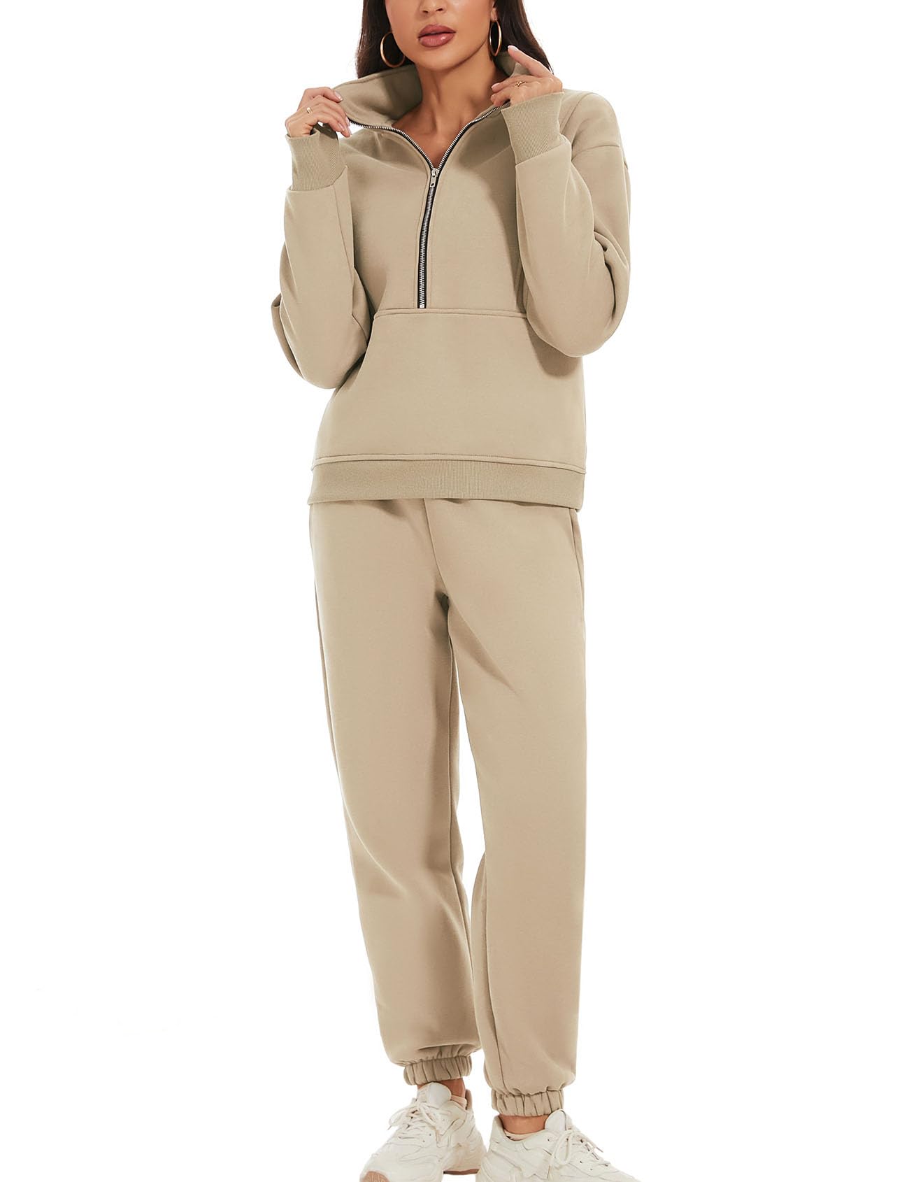 PEHMEA Women's 2 Piece Outfit Fleece Half Zip Sweatshirt and Joggers Pants Set Y2K Tracksuit Sweatsuit(LightKhaki-S)