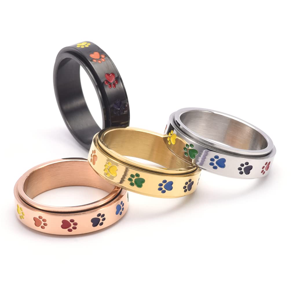 ANIEJUFI Stainless Steel Spinner Anxiety Ring Puppy Dog Paw Cat Footprints Rainbow Fidget Rings for Men Women Rose Gold Size 5