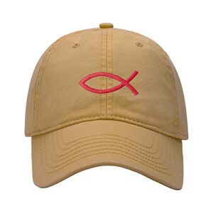 l8502-lxyb baseball cap men jesus fish ichthys embroidered washed cotton dad hat baseball caps (khaki,7 5/8)