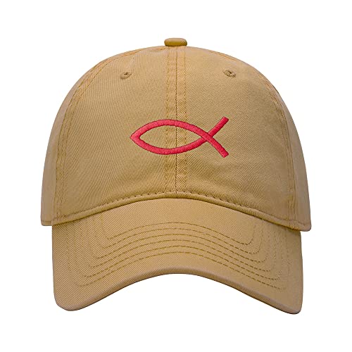 L8502-LXYB Baseball Cap Men Jesus Fish Ichthys Embroidered Washed Cotton Dad Hat Baseball Caps (Khaki,7 5/8)