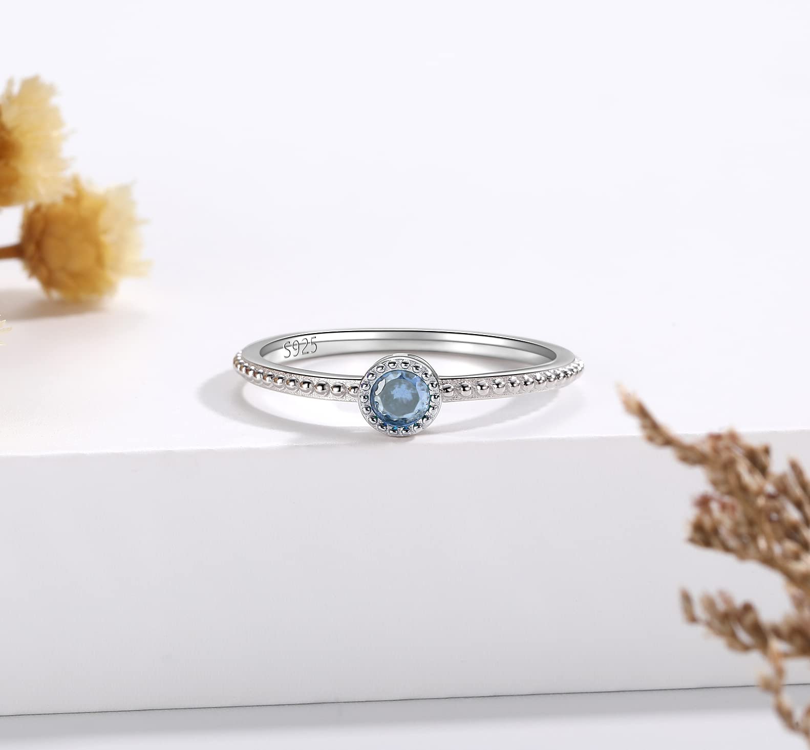 March Birthstone Stacking Rings for Women S925 Sterling Silver, Blue Stackable Ring Knuckle Ring Promise Band Size 8 for Friends, Christmas Anniversary Birthday Gifts Jewelry