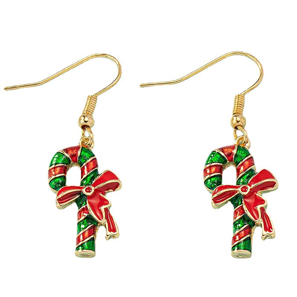 Fashion Christmas Candy Cane Drop Dangle Earrings 14K Gold Plated Red Bow Knot Fish Hook Hoops Earring Cute Xmas Holiday Party Decoration Supplies Jewelry Gifts for Women Teen Girls Accessories