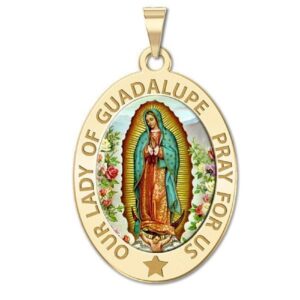 picturesongold.com our lady of guadalupe color laser religious medal oval exclusive-14k yellow gold - 2/3 x 3/4 inch with engraving