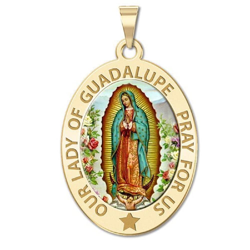 PicturesOnGold.com Our Lady of Guadalupe Color Laser Religious Medal OVAL EXCLUSIVE-14k Yellow Gold - 2/3 x 3/4 Inch with Engraving