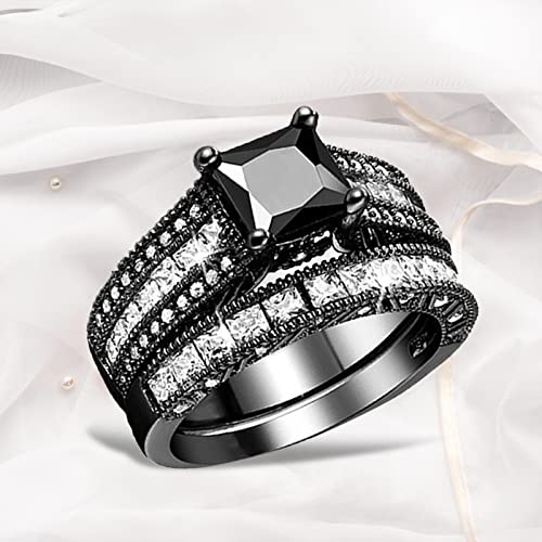 Small Ring Set 2 in 1 Womens Vintage Black Ring Diamond Engagement Wedding Band Ring Set Hi and Low Ring (Black, 11)