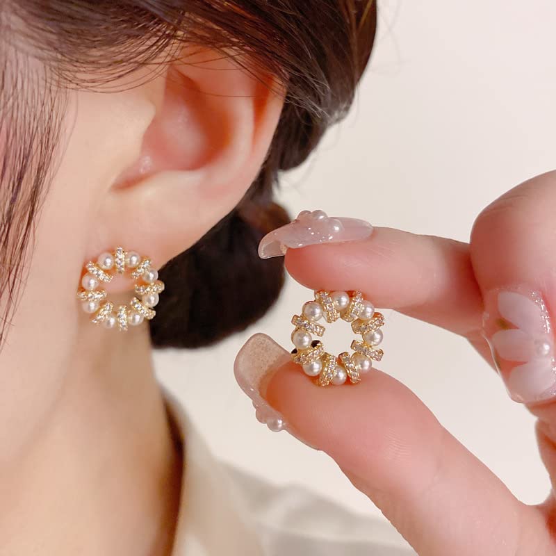 Millet Beads Microinlaid Zircon Pearl Earrings, 925 Tremella Needle, 18K Gold Plated