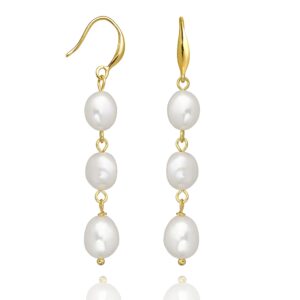 Long Pearl Earrings for Women 14K Gold Plated Sterling Silver Baroque Pearl Dangle Drop Earrings With Elegant Hook (Drop)