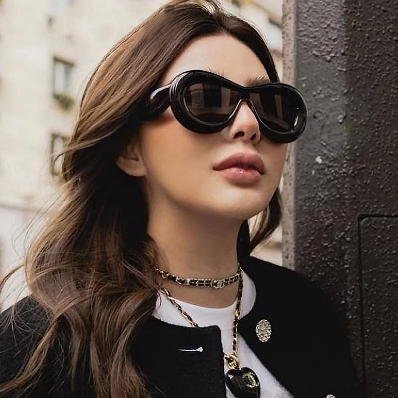 FEISEDY Oversized Inflated Oval Sunglasses for Women Men Fashion Thick Frame Y2K Glasses Funny Aesthetic Shades B9088 (Black, 60MM)