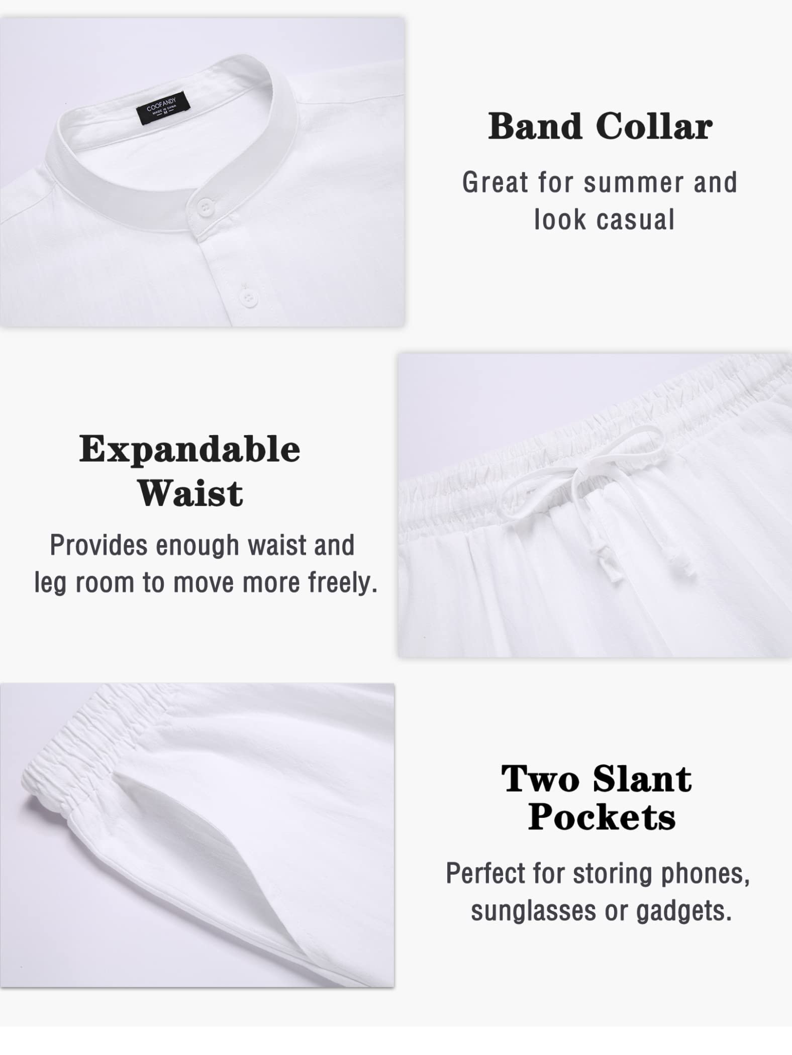 COOFANDY Mens White Beach Shirt And Shorts Casual Long Sleeve V-Neck Beach Shirt And Big And Tall Shorts For Men (White L