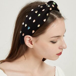 Wecoe 1pc Black Rhinestone Headband Top Knotted Headband For Women Girls Wide Headbands Non Slip Fashion Cloth Sparkly Jeweled Beaded Embellished Headband Homecoming Hair Accessories For Women Girls